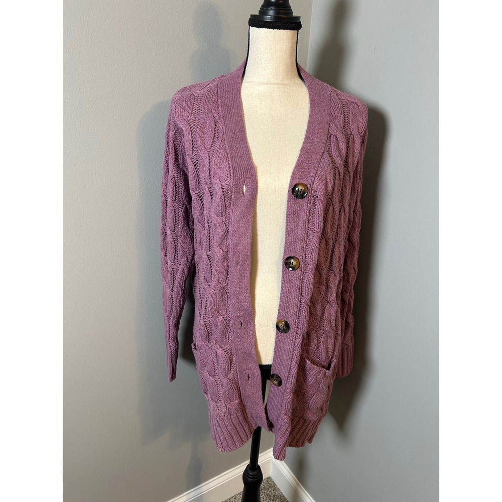 Mauve Purple Cable Knit Longline Cardigan‎ Sweater with Pockets